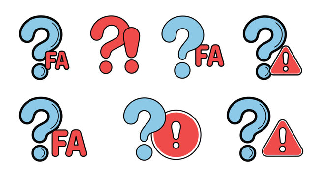 3D Cartoon Icons Featuring Blue Question Marks and Red Exclamation Marks, FAQ Symbols, Warning Triangles, and Informational Graphics Arranged in Ordered Rows on White Background.