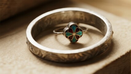 Antique silver ring with clover-shaped enamel design resting inside a larger engraved band