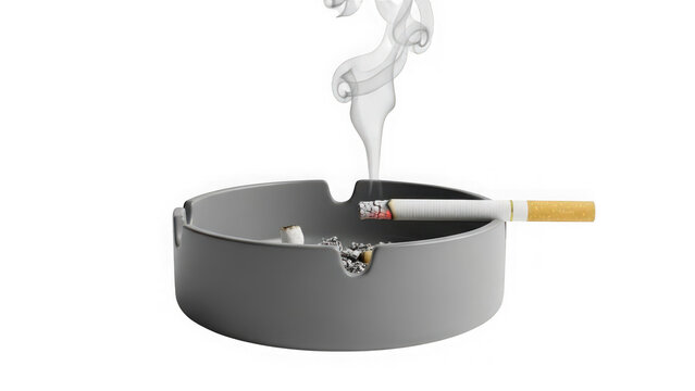 Smoking cigarette in metal ashtray isolated on transparent background