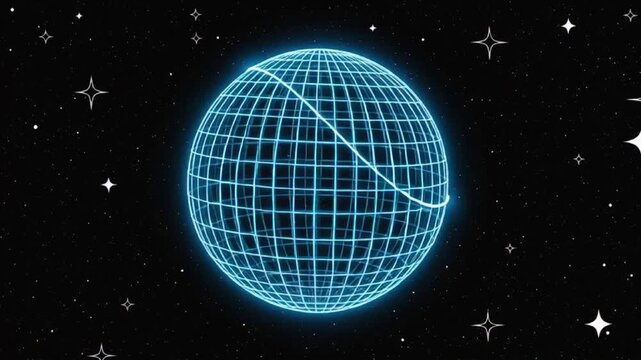 A glowing blue wireframe globe floats in the darkness of outer space surrounded by stars.