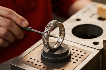 Jeweler crafting an intricate silver ring using precision tools in a workshop setting