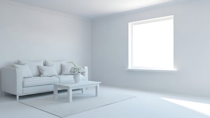 Minimalist interior with a white sofa window and simple decor