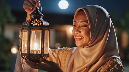 Joyful Woman Holding Lantern During Night Festival.