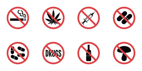 Say No to Drugs Black Silhouette Icons Representing No Smoking, No Alcohol, No Pills, Addiction Warning, Forbidden Pictograms, Red Stop Symbol for Anti-Drug Campaigns.