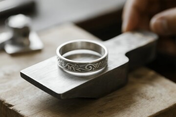 Handcrafted silver ring with intricate engraving resting on a metal block during jewelry making process