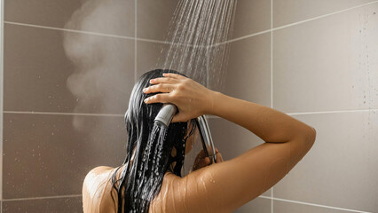 Relaxing Hot Shower Experience Woman Washing Hair Under Steamy Bathroom Fixture for Personal Hygiene and Wellness