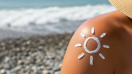Summer Sun Protection Concept Hand drawn Sun Symbol Made with White Cream on Tanned Skin Against a Blurred Seascape Background