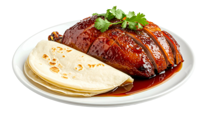 Sliced, glazed roast poultry with pancakes and garnish on white plate, shot against transparency
