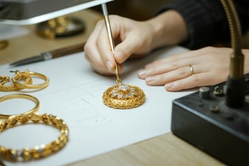 Close-up of a jeweler crafting a gold pendant with intricate detailing using precision tools.