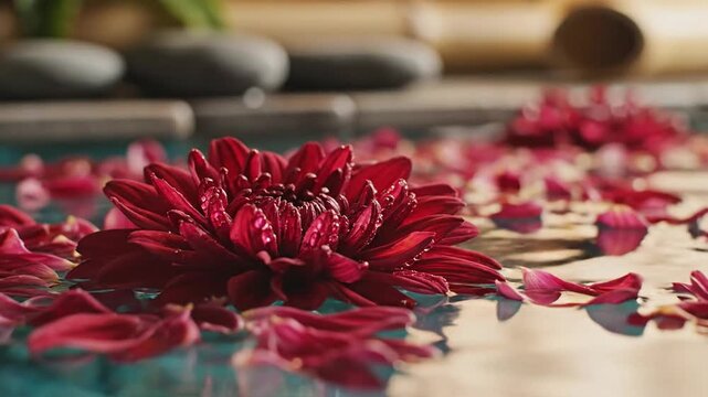 Red chrysanthemum on calm water, petals drift, reflections shimmer under soft light. Tranquil scene