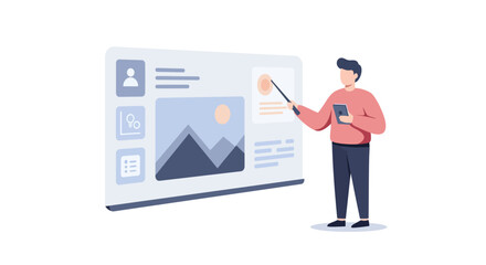 Fototapeta premium Man Presenting Data on Large Screen Display.