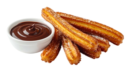 Golden, crispy fried dough pastry sticks piled beside a white bowl of rich, smooth chocolate sauce