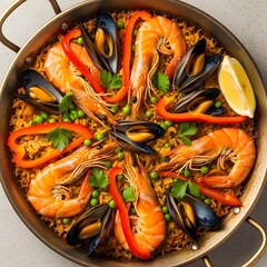 Delicious seafood paella with shrimp mussels and vegetables in a large pan