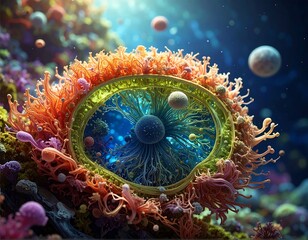 Surreal depiction of a cellular structure, resembling an eye. Rich colors, intricate details, and floating spheres create an otherworldly feel