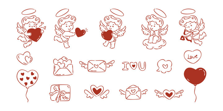 Hand-drawn Cupid, angel, hearts, letter, and balloon doodles set for Valentine's Day. Love theme icon collection in red and white.