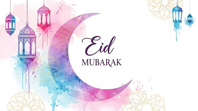 Vibrant watercolor Eid Mubarak greeting with crescent moon and hanging lanterns, celebrating Islamic festivity with artistic splashes and luminous patterns