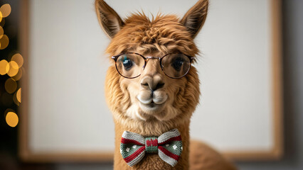 Charming Alpaca Wearing Glasses and Bowtie Festive Holiday Portrait