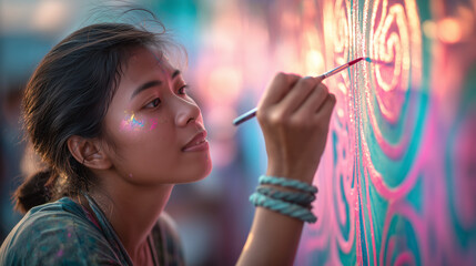 Artist Painting Vibrant Mural at S&rsquo;Art Urban Art Festival in Cambodia