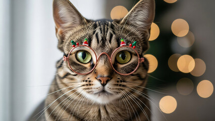 Festive Feline in Holiday Eyewear with Bokeh Lights Background