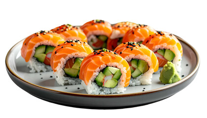 Close-up of sushi rolls with salmon, cucumber, and crab, served with wasabi