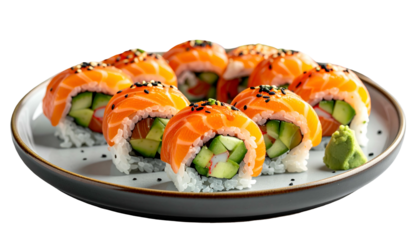 Close-up of sushi rolls with salmon, cucumber, and crab, served with wasabi