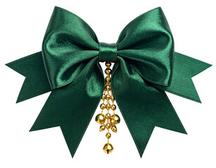 Emerald green silk bow with gold jingle bells, isolated on black, perfect for holiday decor