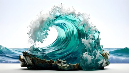 A translucent wave, crashing in a curved arch, over a dark rocky base