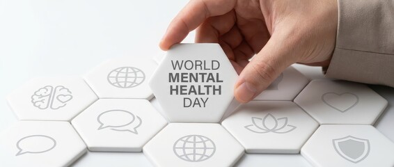 World Mental Health Day: Hand Selecting Tile on Puzzle with Health Icons