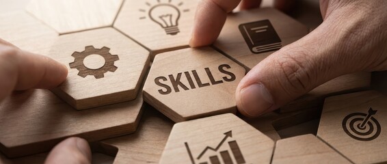 Skills Development: Hand Placing Wooden Tiles with Skill-Related Icons