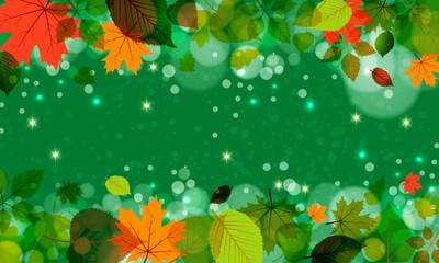 Colorful autumn leaves frame on green bokeh background. decorative frame.