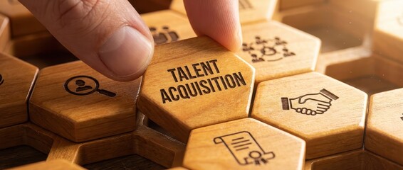 Talent Acquisition Concept: Wooden Hexagon Puzzle with Hand Placing Piece