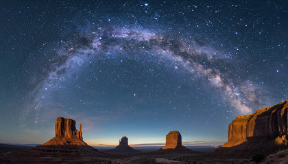 A Stunning, Wide-angle Photograph Of The Milky Way Arching Over A Dramatic Desert Rock Formation.