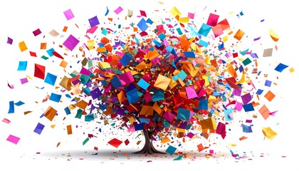 Obraz premium Tree-shaped explosion of colorful confetti against a white background