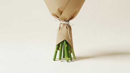 Fresh Green Asparagus Stalks Wrapped in Kraft Paper Tied with Twine on a Simple Background