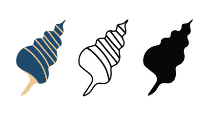 Seashell illustrations in blue, black, and white