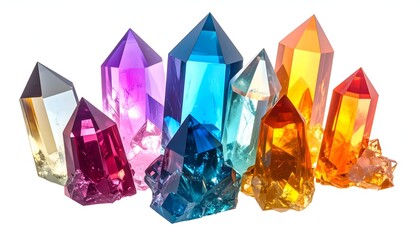 Assorted colorful crystals of various sizes and hues, bright and shiny
