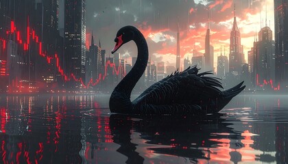 Surreal digital art depicts a lone black swan on reflective water, city skyline with a fiery sky and red grid overlay