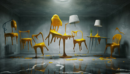 A Surreal Painting Of A Room Where The Furniture Is Melting.