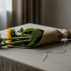 Beautiful Sunflower Bouquet Wrapped in Kraft Paper on a Table Natural Light