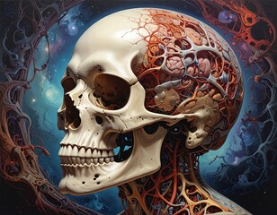Surreal digital art depicts a skull with a visible brain and veins against a cosmic backdrop