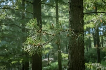 Close-up of pine tree branch with young cones in a dense forest
