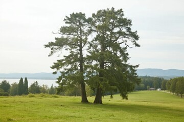 Two tall pine trees stand in a grassy field near a lake with distant mountains and a tree-lined road in the background.
