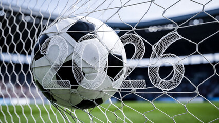 High Speed Photography of a Soccer Ball in Net Forming the Year 2026 Shape