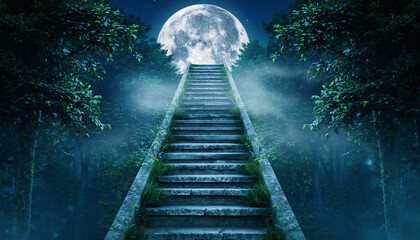 A Surreal Photograph Of A Staircase In A Forest That Seems To Lead Up To The Moon.
