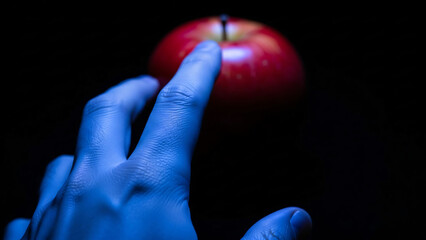 Temptation and Choice Hand Reaching for Forbidden Fruit in Darkness