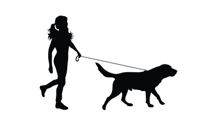 Silhouette of girl walking her dog on a leash outdoors