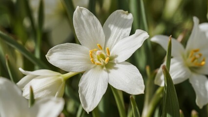 Close-up of white flowers with yellow centers growing among green grass