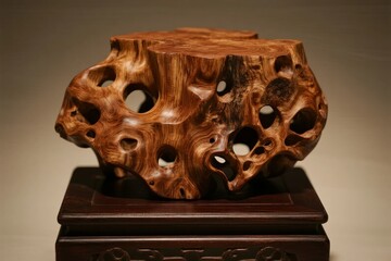 Carved wooden sculpture with natural holes and intricate grain patterns displayed on a dark wooden stand