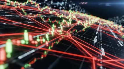A futuristic digital representation of data streams and network connections with red and green lines on a black background