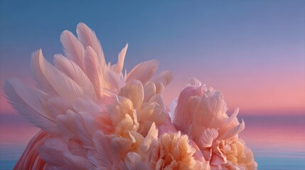 Close-up of soft, fluffy pink feathers against a gradient sky, evoking a sense of delicate beauty and ethereal calm.